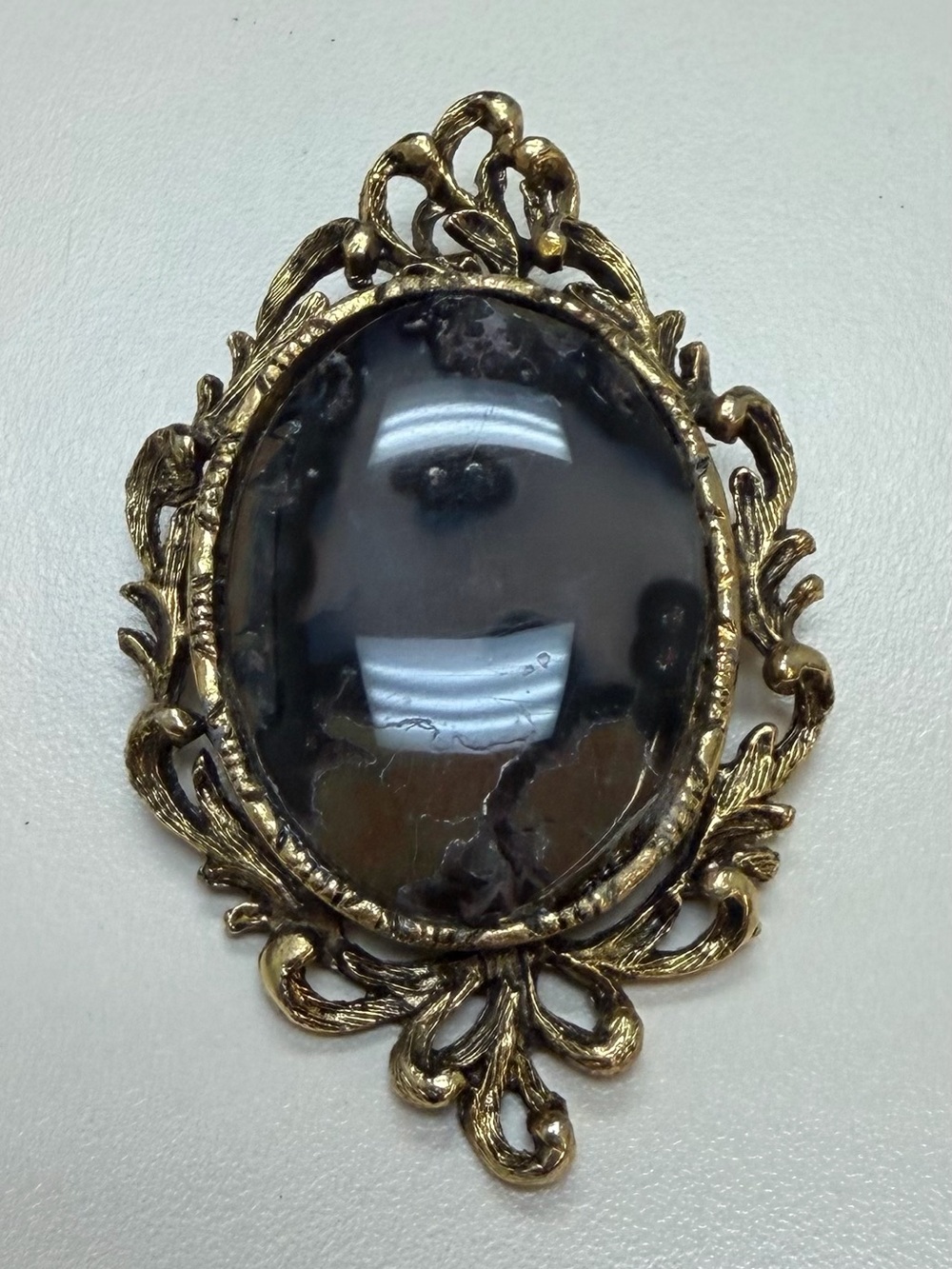 Vintage Victorian Revival Moss Agate Brooch Pin Convertible Necklace Pendant